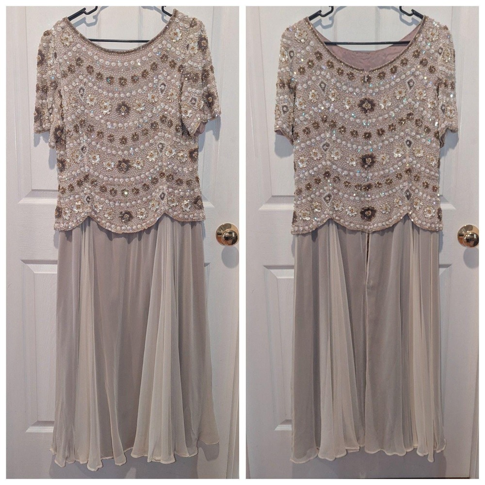 Quiet‎ Luxury Beaded Silk Blend MOB Formal Gown George F Couture USA 14